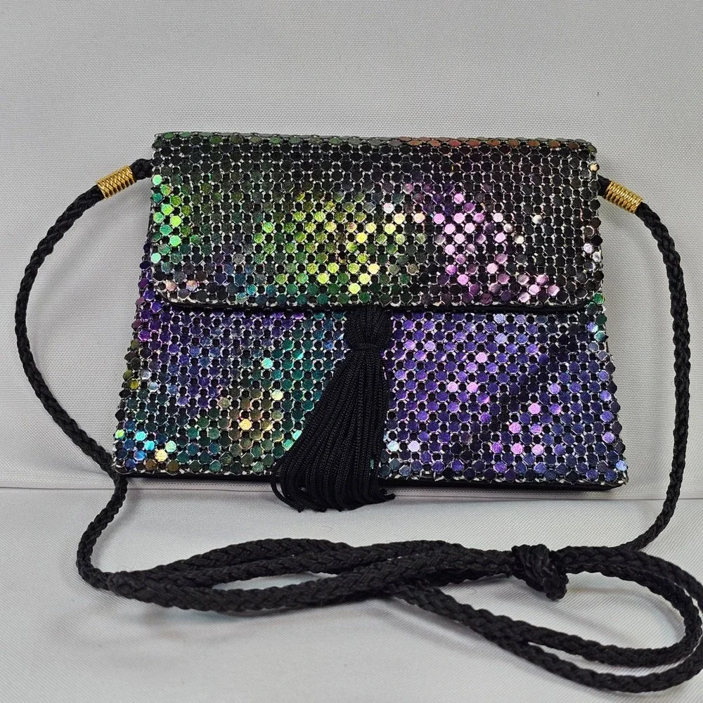 Apri Nights Iridescent Metal Mesh Crossbody Bag‎ Oil Slick Tassel Evening Clutch